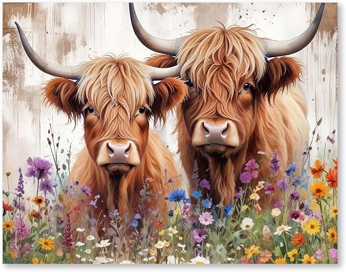 RLTXBUK Western Highland Cow Cross Stitch Kits, Rustic Cottagecore Wildflower Western Cattle Stamped Counted Cross Stitch Kits for Adults, Highland Cow Gifts for Women, 11.8x15.8 Inch