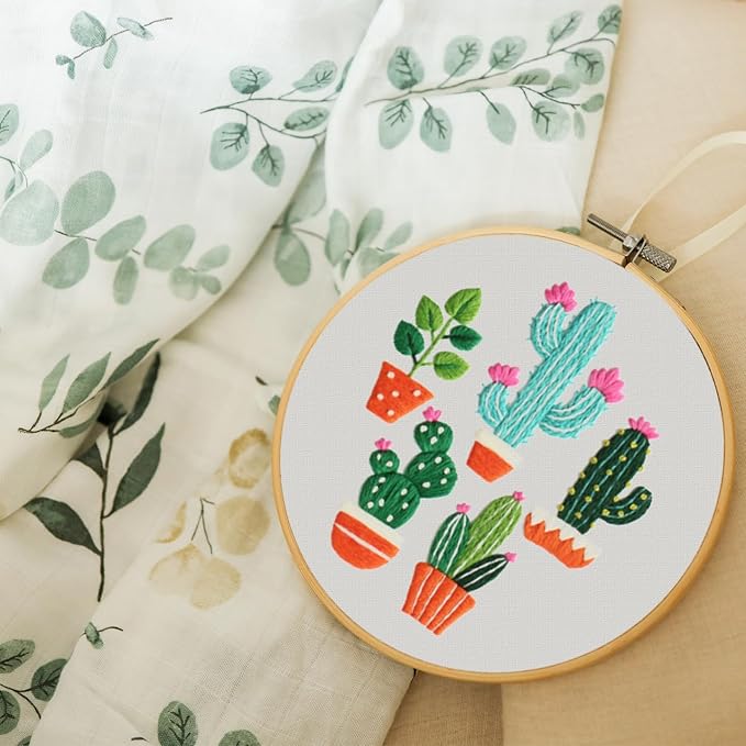 Louise Maelys 3 Sets Cactus Embroidery Kits for Beginners,Cross Stitch Kit for Adults,Crewel Starters Needlepoint with Plants Pattern, Hoop and Instruction