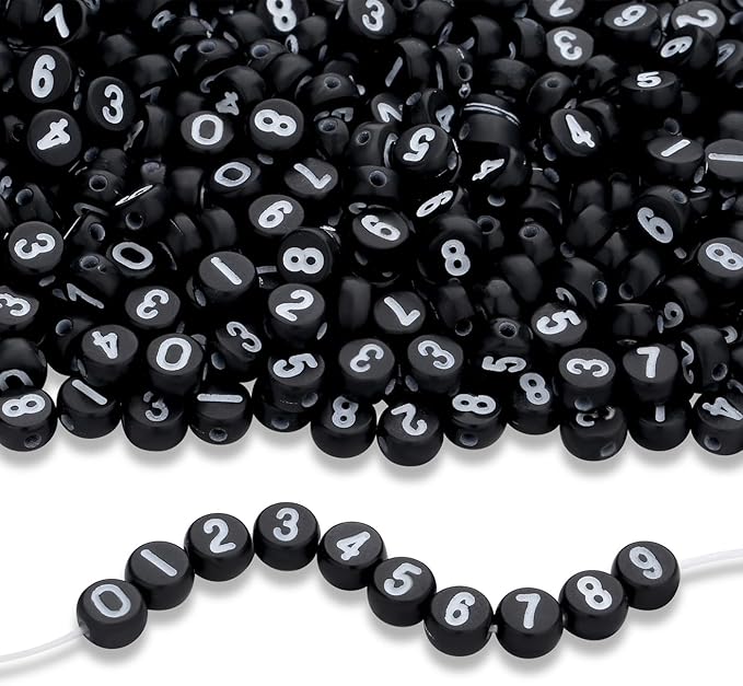 LAIDANLA 1000PCS Acrylic Number Beads White Number Black Round Bead 7×4mm for Jewelry Bracelets Necklaces Key Chains Making