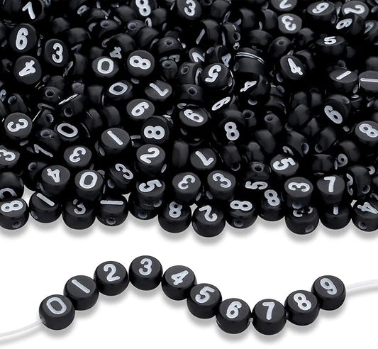 LAIDANLA 1000PCS Acrylic Number Beads White Number Black Round Bead 7×4mm for Jewelry Bracelets Necklaces Key Chains Making