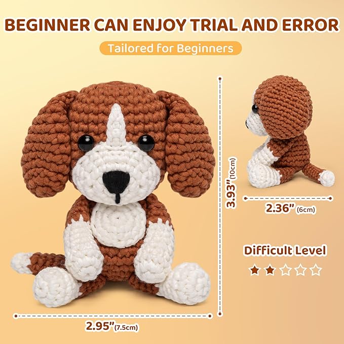 Mewaii Crochet Kit for Beginners Level 2 with 40% Extra Eco-Friendly Pre-Started Easy Yarn, Step-by-Step Video Tutorials for Adults and Kids (Sitting Puppy)
