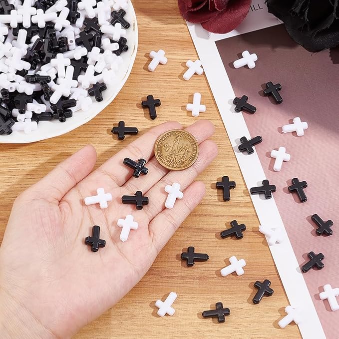 SUNNYCLUE 300Pcs Black Cross Beads White Acrylic Crosses Small Plastic Cross Beads Bulk Mini Tiny Charms Crucifix Loose Spacers for Jewelry Making Kit Adult Women Easter Decoration