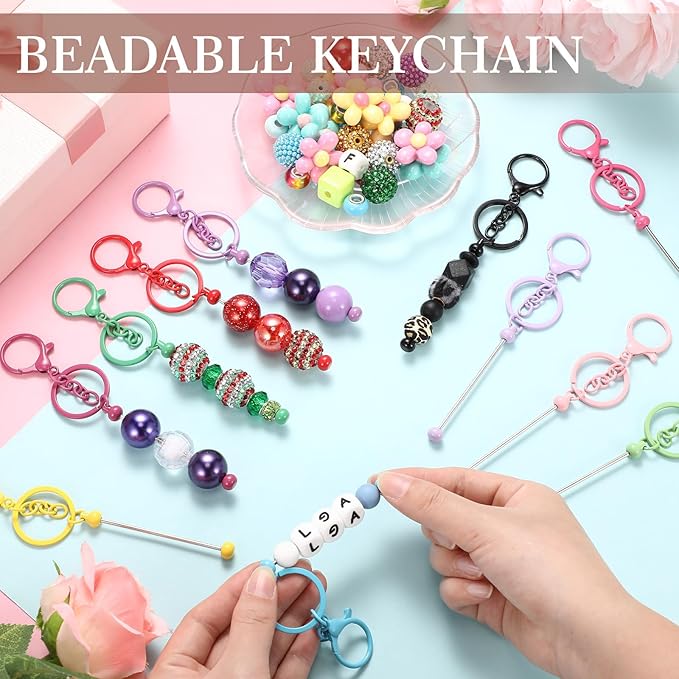 Tondiamo 24 Pcs Beadable Keychain Bars Bulk Beads for Keychain Making Kit Gifts for Women Men DIY Crafts(Candy Color)