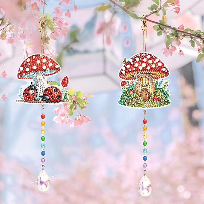 LazyFold 2 Pcs Diamond Painting Wind Chime Kits,Red Mushroom DIY Diamond Art Painting Wind Chime Kits Crystal Art Suncatchers for Adults Home Garden Window Craft Gift