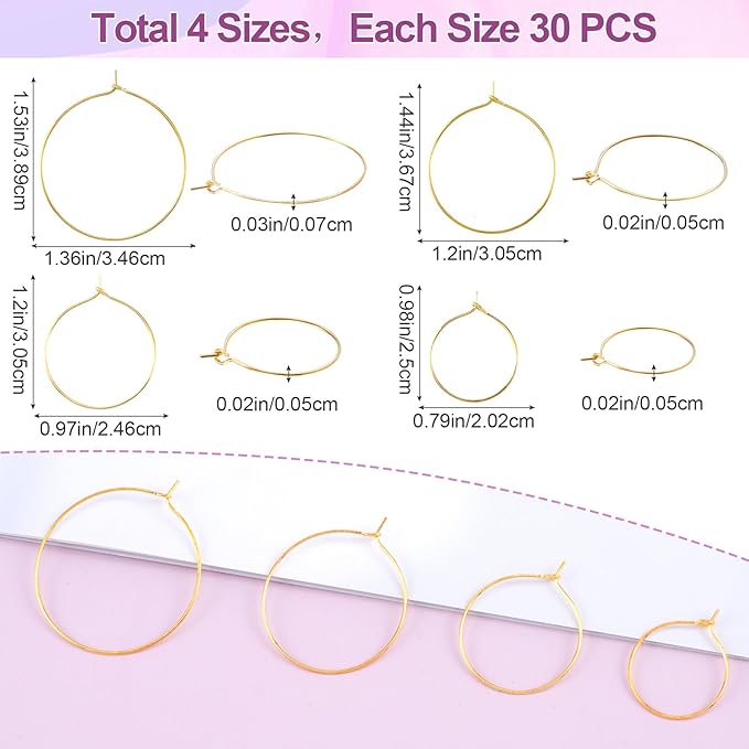 OIIKI 120PCS Earring Beading Hoops for Jewelry Making, 4 Sizes Gold Plated Hoop Earring Findings, Open Hoops, Metal Earring Rings, Round Earring Beading for DIY Jewelry Crafts for Women