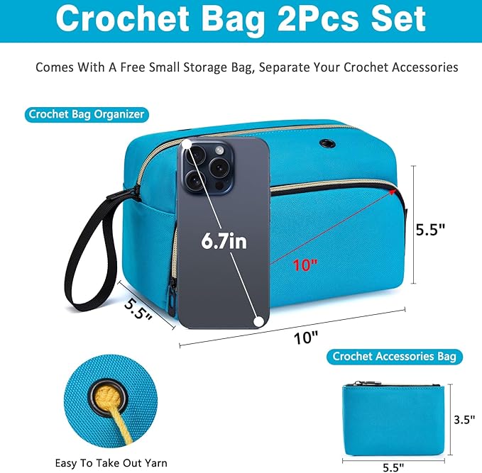IBFUN Crochet Yarn Knitting Bag 2 Pcs Yarn Storage Organizer Crocheting Bags for Beginners with Hand Wrist for Crochet Accessories Needles Hooks Knitting