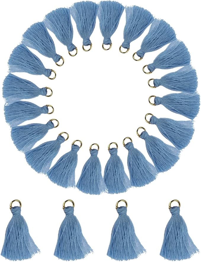 MSCFTFB 100 Pieces Mini Tassels with Jump Rings Mala Tassel Kit for Earring Necklace Jewelry Making Garland Keychain Charms Crafts Decorations (Sky Blue)