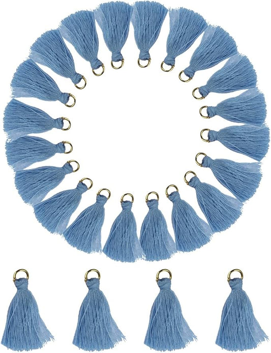 MSCFTFB 100 Pieces Mini Tassels with Jump Rings Mala Tassel Kit for Earring Necklace Jewelry Making Garland Keychain Charms Crafts Decorations (Sky Blue)