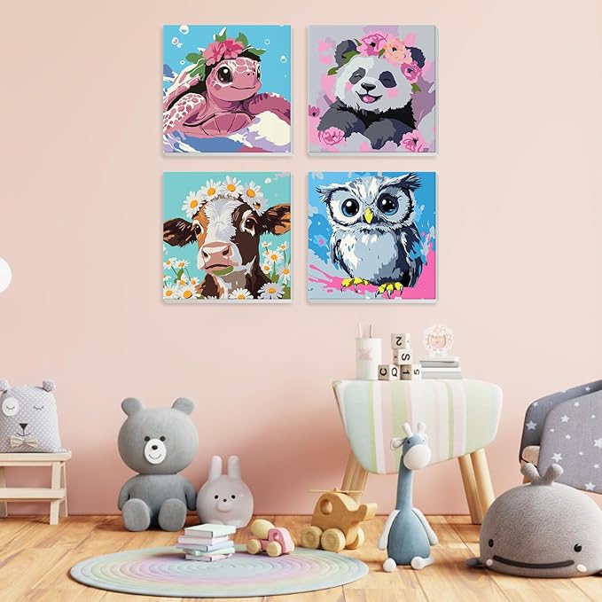 4 Pack Paint by Numbers for Kids with Wooden Framed, Watercolor Turtle, Cute panda, Owl, Cow, Paint by Number Kits on Canvas for Beginner, Acrylic Oil Painting Kits for Home Decor 8x8 inch, Animals