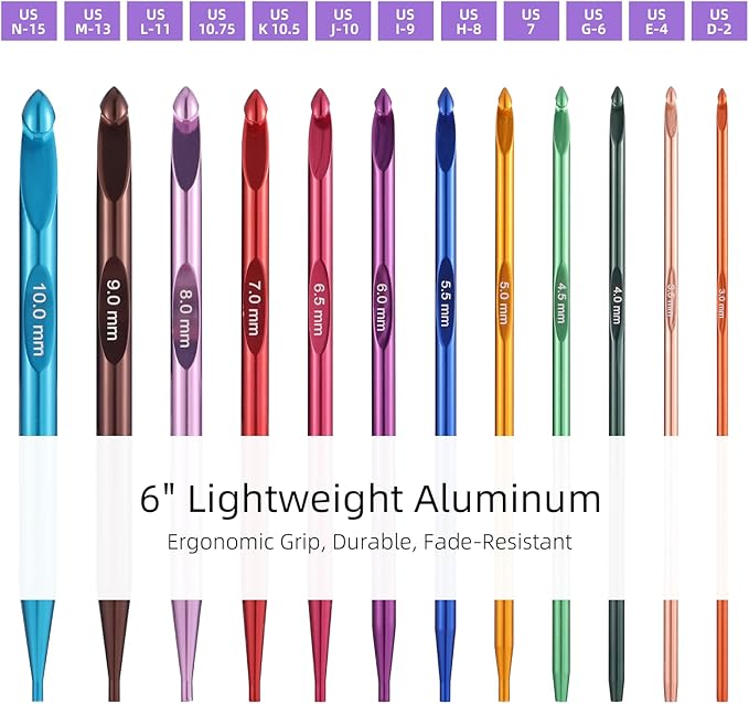 AIYUNDI Tunisian Crochet Hooks Set with Cable, 6-Inch Aluminum Interchangeable Crochet Hooks 3mm-10mm, Long Crochet Hooks, Lightweight, Anti-Twist Swivel Cables, Ergonomic, Multicolor 26 PCS