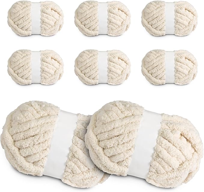 Super Soft Chunky Chenille Yarn – 8 Skeins × 8 oz (25 Yards Each) Jumbo Bulky Yarn for Crochet & Hand Knitting Blankets, Sweaters, Cushions, DIY Projects (Beige)