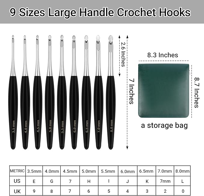 Hobekoee Inline Crochet Hooks Set 9 Sizes 3.5mm(E)-8mm(L) Wooden Handle Crochet Hooks Set with Case,Ergonomic Grip for Arthritic Hands