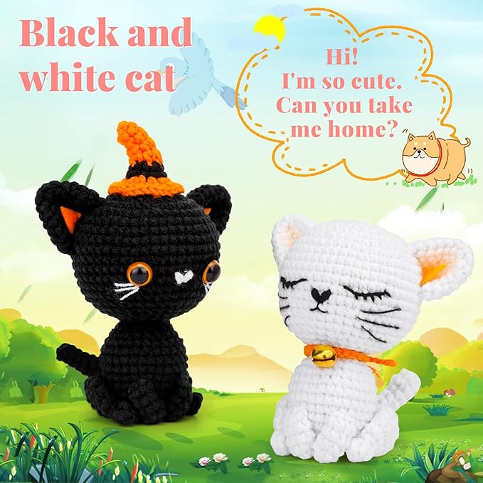 Pnytty Crochet Kit for Beginners, Crochet Animal Kit, 2PCS Cat Starters Crochet Kits Knitting Kit with Yarn, Crochet Hooks, Video Tutorials, Easy Crocheting for Adults Craft