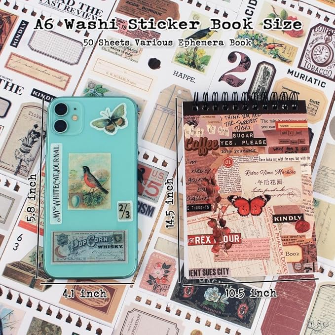 532PCS Vintage Stickers for Scrapbooking, 50 Sheets Precut Washi Stickers Book for Journaling, Scrap Book Ephemera for Junk Journal Supplies, Scrapbooking, Bujo, Collage, Crafts Arts