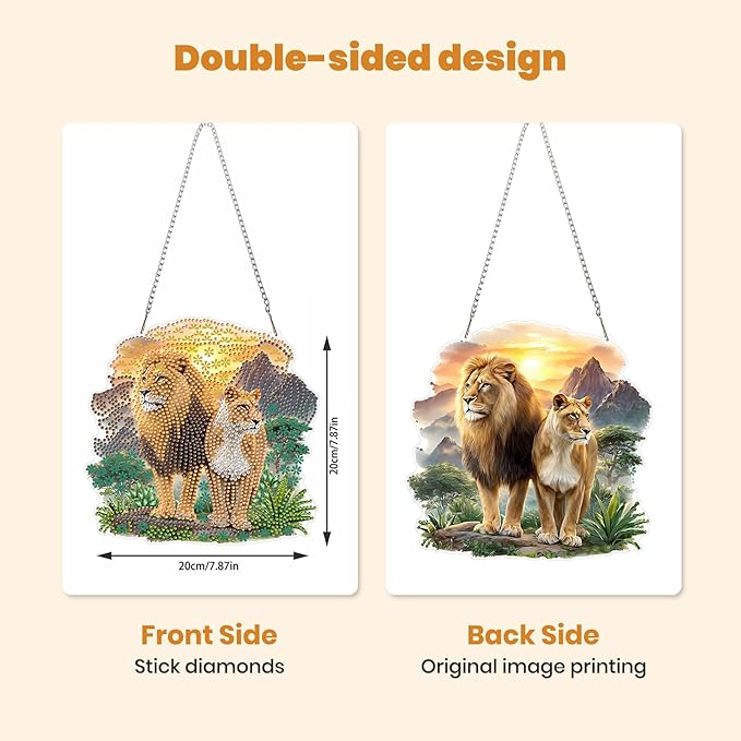 MXJSUA Lions Animals Diamond Art Hanging Kits for Adults Beginners, DIY Acrylic Special Shaped Crystal Animals Diamond Gem Art Pendant Drills Painting Ornament for Home Wall Decor and Gift