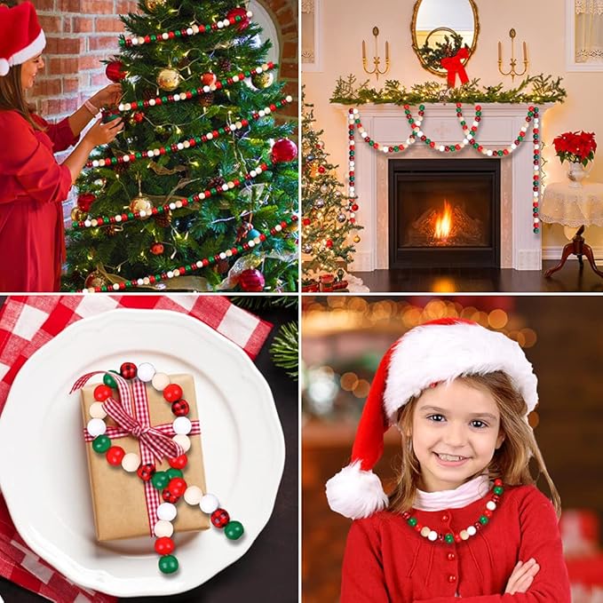 YUJUN GRACCEE 200pcs Christmas Wooden Beads Xmas Red Buffalo Plaid Polished Craft Natural Round Wood Beads for Christmas Party DIY Indoor Decoration.