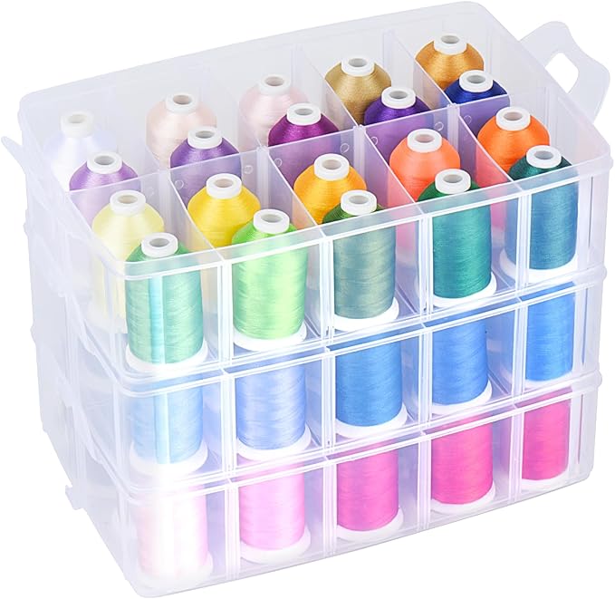 Simthread 63-Color Embroidery Thread Kit – 63 Spools 550 Yards Each, 40WT Polyester Thread with 3-Layer Stackable Box, Bobbins & Tools – Compatible with Brother, Janome, Babylock and More