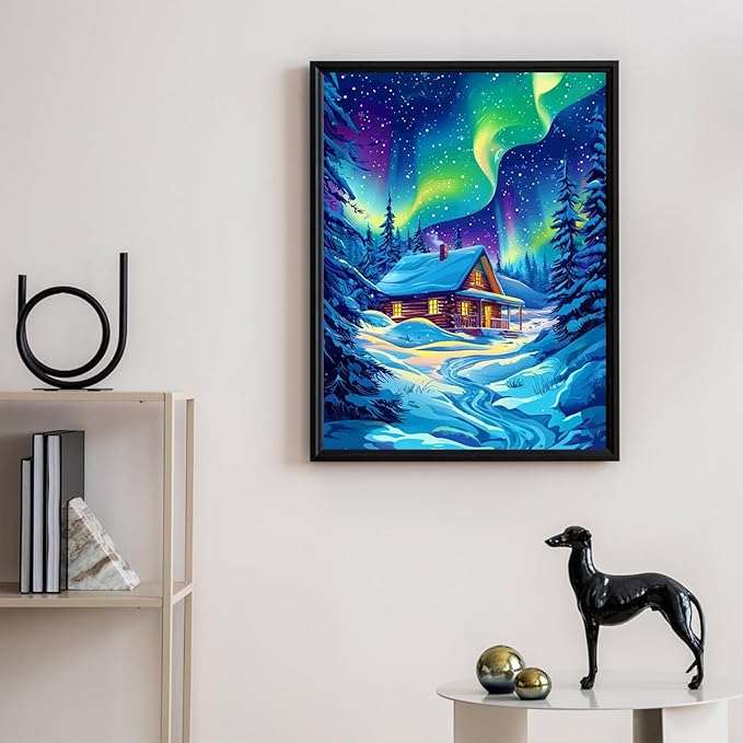 Camocin Diamond Art Kits for Adults Aurora, 5D Starry Landscape Diamond Painting Kits for Adults Beginners, DIY Cabin Full Round Dots Drill Gem Art Kit for Gift Home Wall Decor 12 x 16 Inch