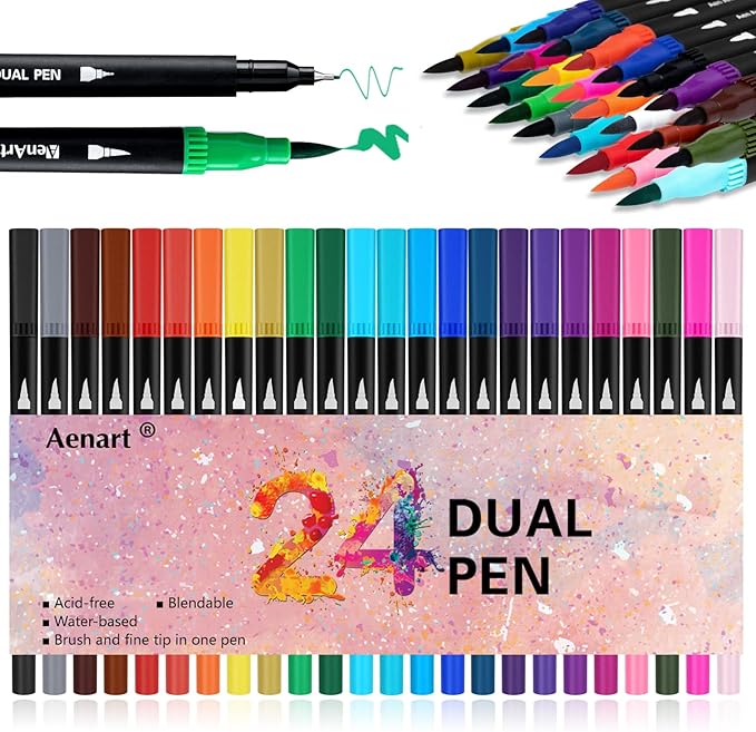 Aen Art Dual Brush Markers for Adult Coloring Books, 24 Colored Fine Point Marker Pen for Note taking Planner Hand Lettering Calligraphy Drawing Journaling