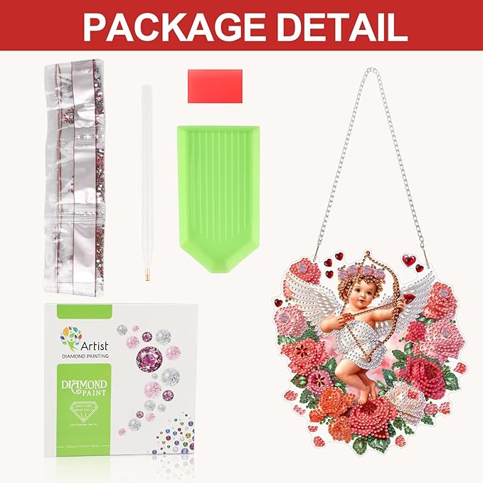 CEOVR Valentine's Day Hanging Diamond Art for Adults, Cupid Special Shape Diamond Painting, DIY Gem Art Wall Hanging Ornament, Acrylic Home Garden Decor with Chain, Box Kit 7.43×7.87inch