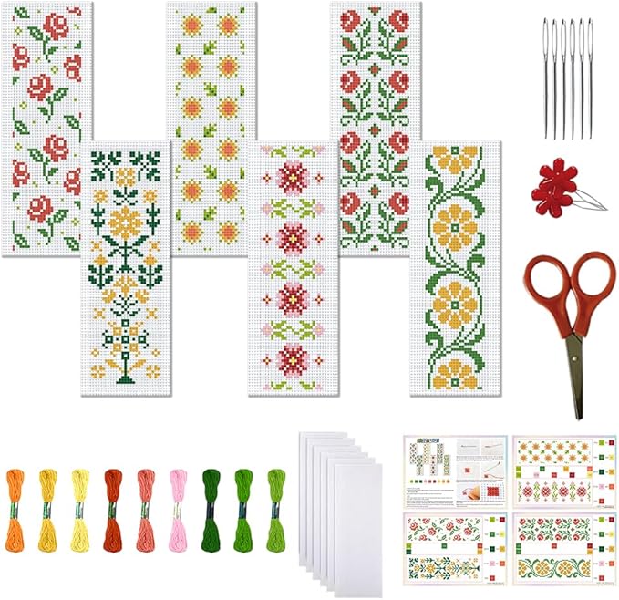 FREEBLOSS 6 PCS Cross Stitch Bookmark Kits for Beginner Stamped Cross Stitch Kit DIY Embroidery Bookmark Kit with Instructions, Flower and Leaves Pattern 8" x 2.4"