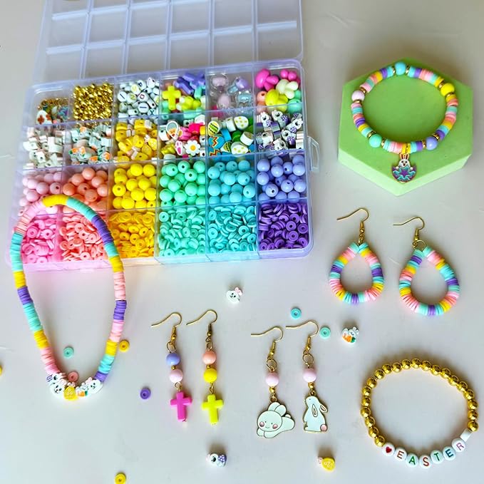 1955Pcs Easter Beads for Bracelets Jewelry Making Kit, Candy Color Assorted Spring Beads Easter Egg Bunny Clay Beads Cute Kawaii Pastel Beads with Easter Charm for DIY Crafts Necklace Earring Phone