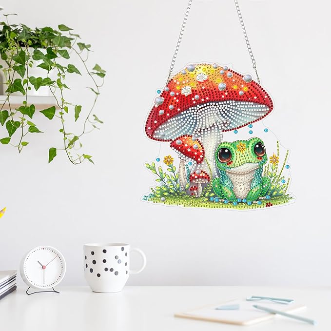 MAXBYE Frog Mushrooms Diamond Art Painting Kits for Adults Beginners Hanging Pendent, DIY 5D Special Shaped Crystal Diamond Painting Kits Ornament for Gift Home Wall Door Decor 8×8 Inch