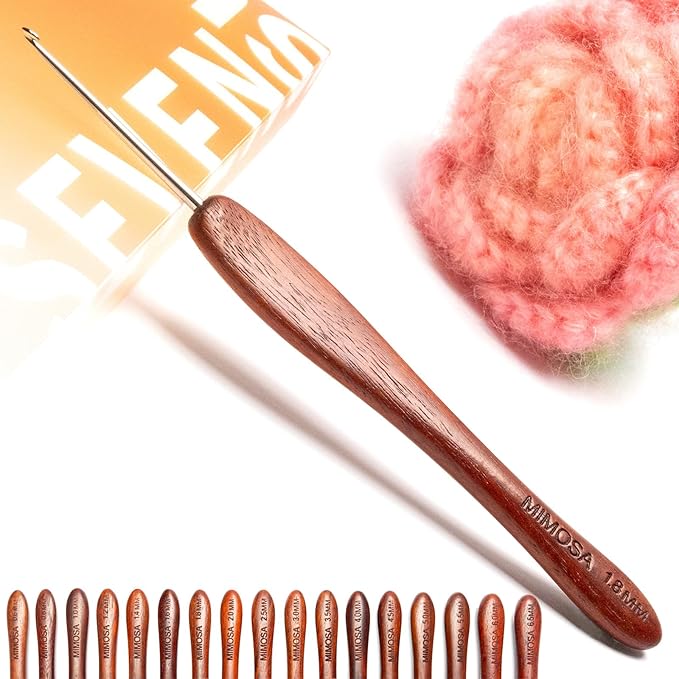 SEVENSUN Mimosa 1.8mm Single Crochet Hook, Available in 0.6mm-6.5mm, Ergonomic Hand Polished Stainless Steel Inline Pointy Wood Handle Crochet Hook for Arthritic Hands
