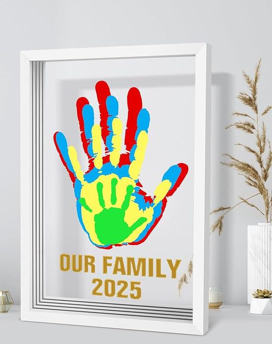 family handprint kit, baby hand print kit, diy handmade craft keepsake frame, adoption family gifts for new mom, new parents, grandparents, mother's day, father's day, christmas, 6 non-toxic paints