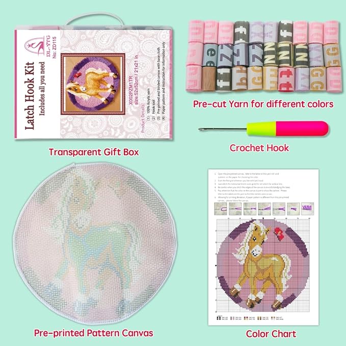 DIY Latch Hook Kits Pink Horse Throw Carpet Embroidery Cover Rug Pattern Color Printed Canvas 40x40inch, Crochet Needlework Crafts for Kids and Adults