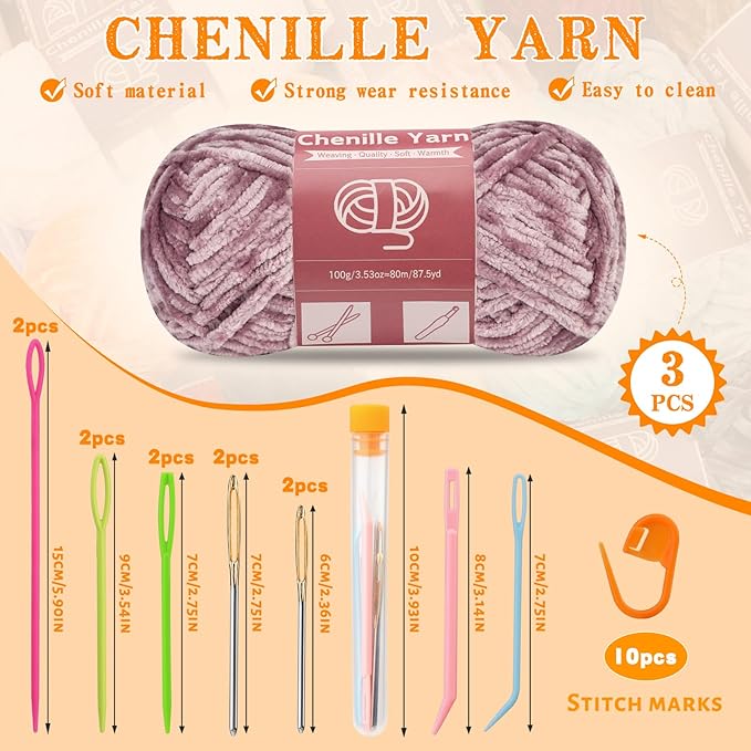 LUNARM Chenille Yarn for Crocheting Knitting, 3 Skein 263 Yard Thick Soft Chunky Fluffy Weaving Plush Yarn for Blankets Clothes Pattern Creations with Big Eye Needles(Purple Gray)
