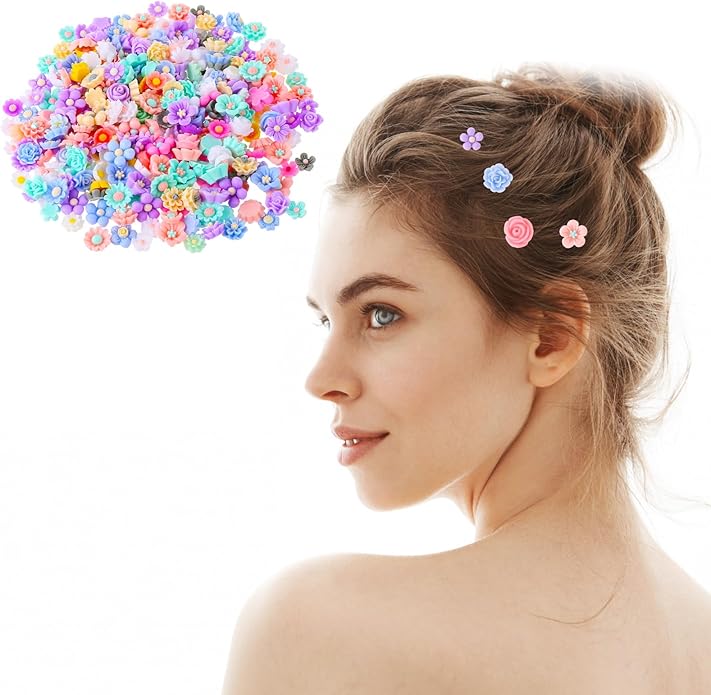 300PCS Flower Resin Charms Mini Cabochons Flatback Flower Beads Charms Mixed Colors Embellishment Tiny Flowers for Jewelry Making DIY Craft Scrapbooking Decor Cardmaking Phone Hair Accessories