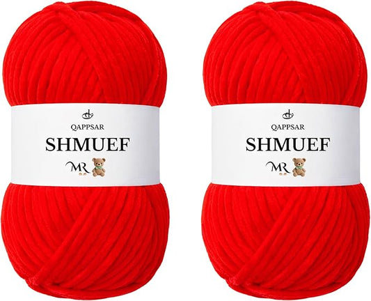SHMUEF Chenille Yarn 2-Pack – Ultra Soft Velvet Yarn, Super Bulky Weight (5–6 mm), Yarn for Crochet, Amigurumi & Baby Blankets (RED)