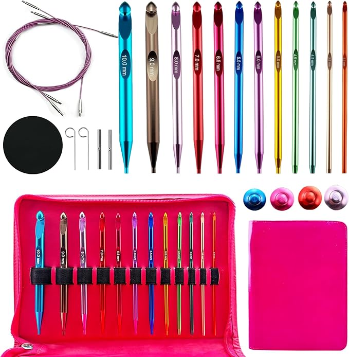 12 Size Tunisian Crochet Hook Set with Cable Aluminum Interchangeable Crochet Hooks Long Crochet Hook Inline Crochet Hooks 3mm-10mm,Comfortable to use/Lightweight