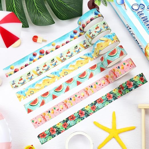 12 Rolls Summer Washi Tape Set, Hawaii Beach Holiday Decorative Tape Flamingo Tropical Fruits Leaves Watermelon Watercolor Masking Tape for Journaling Supplies,Gift Wrapping, DIY Art & Crafts