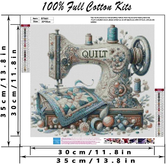 sewing machine stamped cross stitch kits - vintage sewing machine counted cross stitch kits for adults, needlepoint cross-stitch patterns dimensions needlecrafts embroidery kits 13.7x13.7 inches