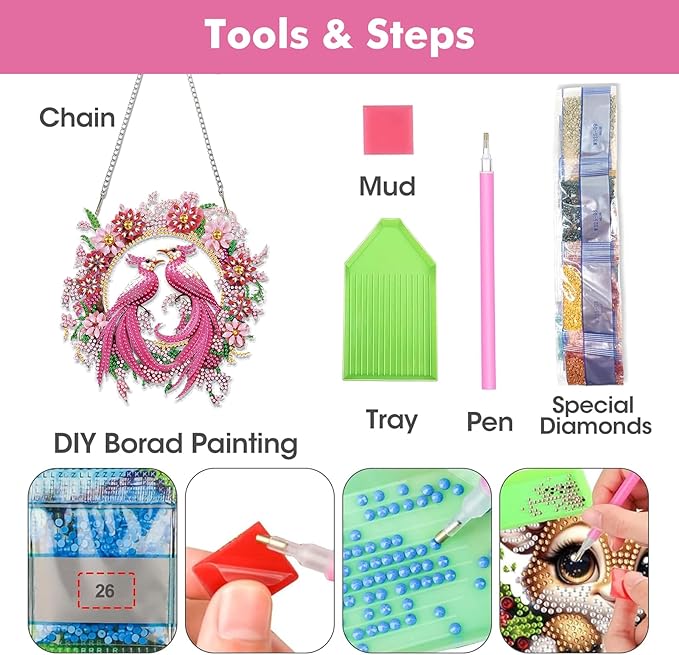 Miwixy Birds Hanging Diamond Art Kits for Adults,Pink Flowers Special Shaped Crystal Christmas Diamond Painting Ornament Kit DIY Double-Sided Pattern Window Pendant Gem Art Kit for Home Wall Decor