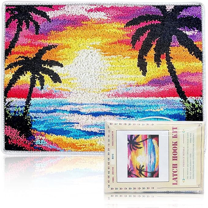 ORIGACH Sunset by The Beach Latch Hook Rug Kit for Adults Printed Rug Making Kit Handmade Carpet Tapestry Cover with Hook Latch and Preprinted Canvas, Home Arts Crafts Sofa Decor, 20.5x15inch