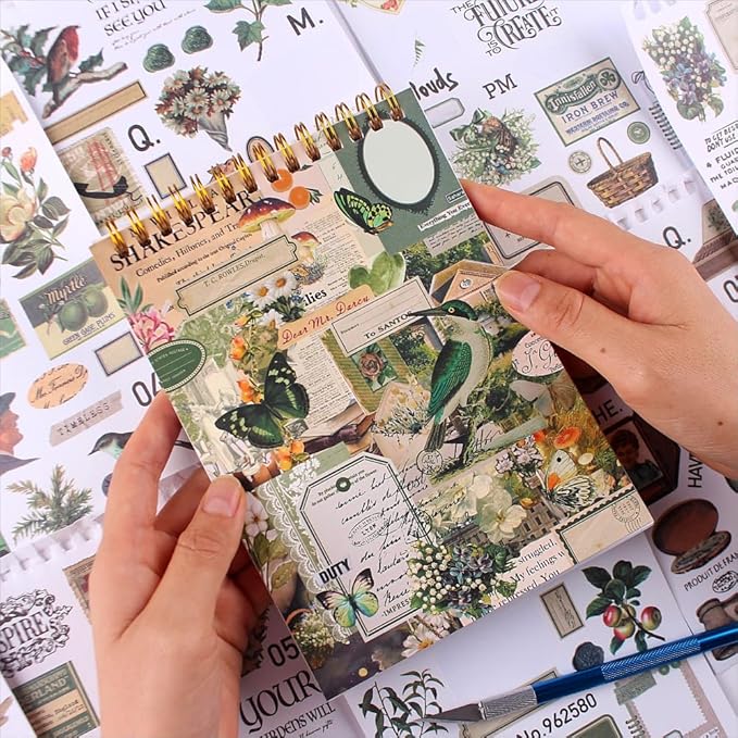 Vintage Washi Sticker Book for Journaling - 900+ Mini Scrapbooking Stickers, Ephemera for Junk Journal Bujo Scrapbook Supplies DIY Crafts Arts 50 Sheets (Green)