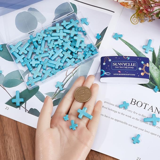 SUNNYCLUE 90Pcs 3 Sizes Mini Blue Turquoise Cross Beads 10/16/25mm for Jewelry Making Supplies