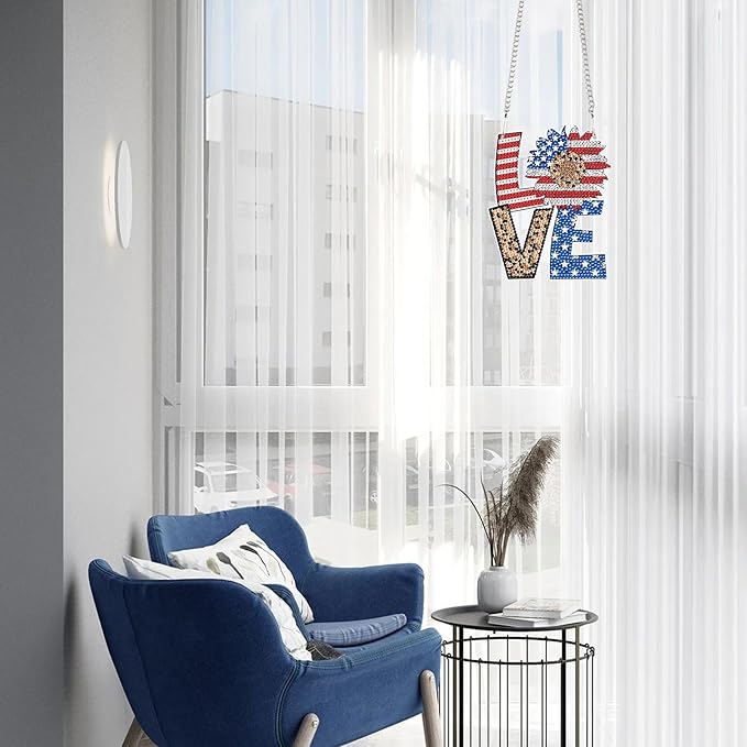 AiYuanzsh Patriotic Diamond Painting Hanging Sign – Love Door Wall Decoration with American Flag Sunflower, Leopard Print, DIY 5D Rhinestone Art Craft for 4th of July Home Decor