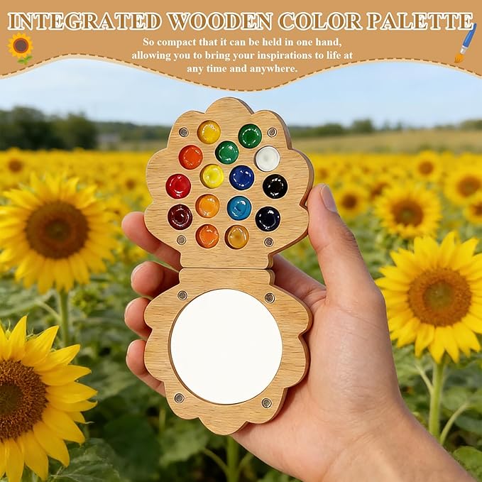 EVOCKAY Mini Watercolor Paint Palette with Clip Perfect for Artists, Painters & Students - Wooden Travel Kit 24 Colors-15 Grids（Shell-Shaped walunt）