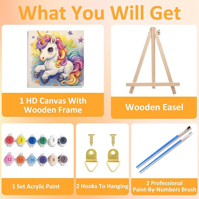 Paint by Numbers Kit for Kids with Frame, Unicorn Paint by Numbers for Kids Ages 4-8-12, DIY Unicorn Acrylic Oil Painting for Home Wall Art Decor Gift 7.8x7.8 inch (with Frame Easel)