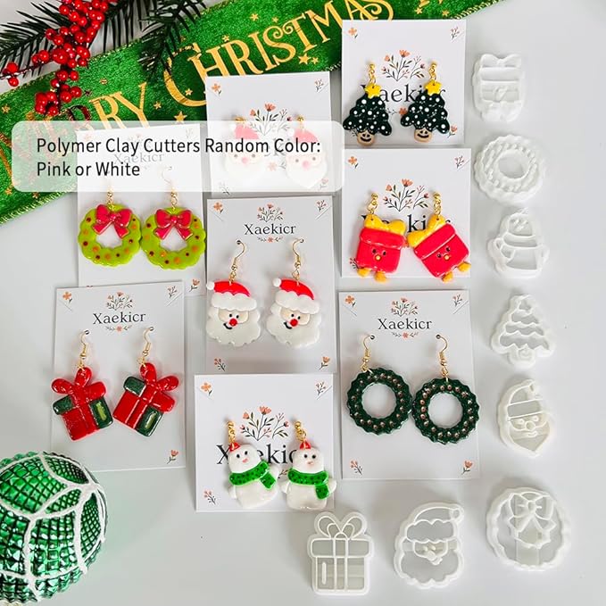 Xaekicr Christmas Polymer Clay Cutters Set – 8 Pcs Holiday Clay Earring Cutters for DIY Jewelry Making, Santa Tree Wreath Gifts – Clay Tools for Polymer Clay Molds Projects