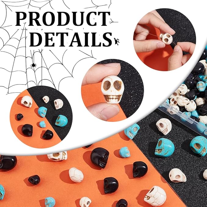 arricraft 144 Pcs 4 Sizes Skull Beads, Synthetic Turquoise Skull Head Beads Loose Spacer Beads Charm for Bracelet Necklace Jewelry DIY Craft Making Halloween Decoration