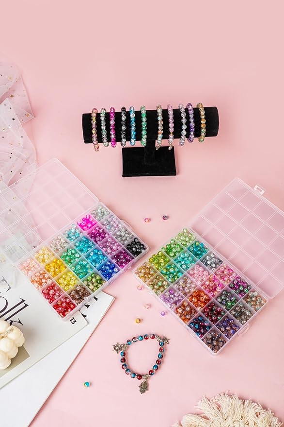 1300PCS 8mm Mixed Crackle Glass Beads for Bracelets Making with Accessories, 48 Colors Crystal Glass Beads Jewelry Making Kit, Round Beads for DIY Bracelet Crafts
