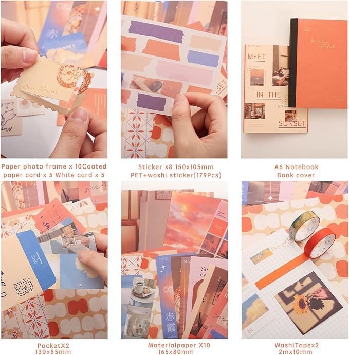 emmoolife 348 Pcs Scrapbooking Supplies Kit, Vintage Aesthetic Scrapbook Kit for Bullet Junk Journal, Stationery, A6 Grid Notebook, DIY Journaling Supplies, Birthday Craft Gift for Teen Girl Women