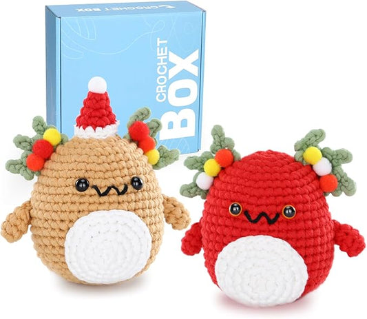 Christmas Crochet Kit for Beginners - 2 PCS Christmas Axolotl Crochet Kit, Beginners Crocheting Kitting for Adults Teen, DIY Craft Gifts with Crochets Yarns, Hook, Step-by-Step Video, Instruction