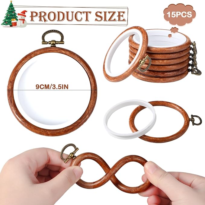 burbell 15 pcs 3 inch round embroidery hoops frame circle rubber hoops ring display cross stitch ornament imitated wood frame kits for spring gifts valentines day craft sewing diy hanging gifts