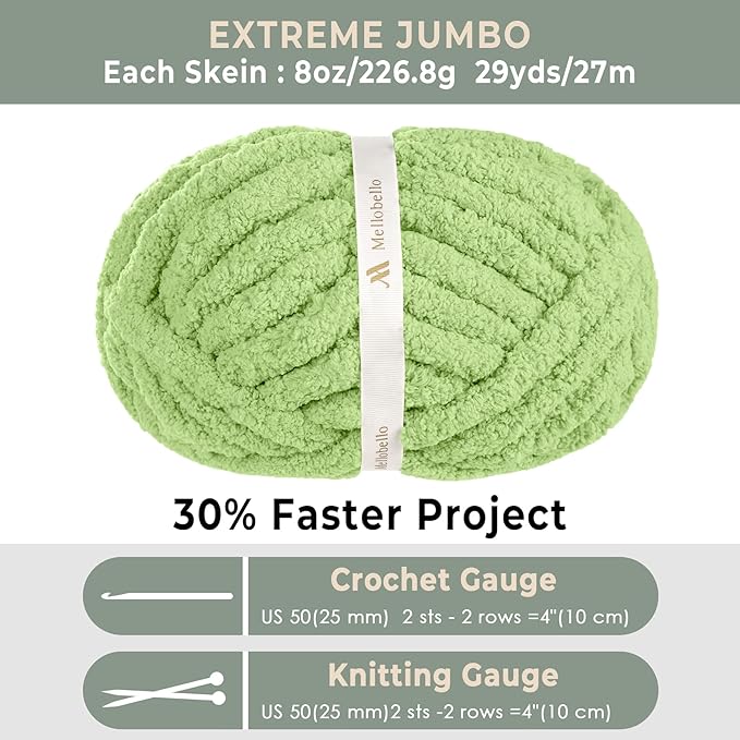 Mellobello Jumbo Chunky Yarn for Hand Knitting - Super Thick Chenille Chunky Yarn for Crocheting - Extra Soft Bulky Fluffy Blanket Big Yarn 8 Jumbo Pack (27yds,8 oz Each Skein) Grass Green
